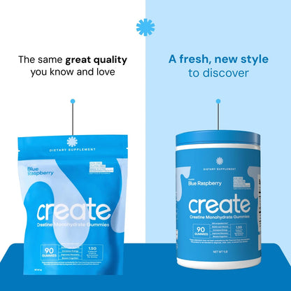 Create Creatine Gummies 1.5g Focus Strength Endurance Vegan Blue Raspberry 90ct